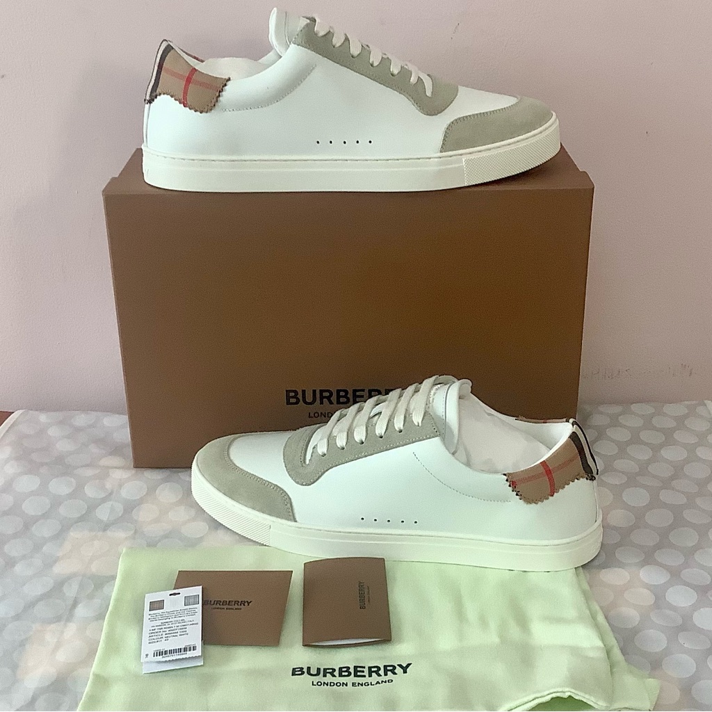 Bnib Burberry Robin White Leather Beige Check Low Top Men Sneakers Eu 43/Us 10
